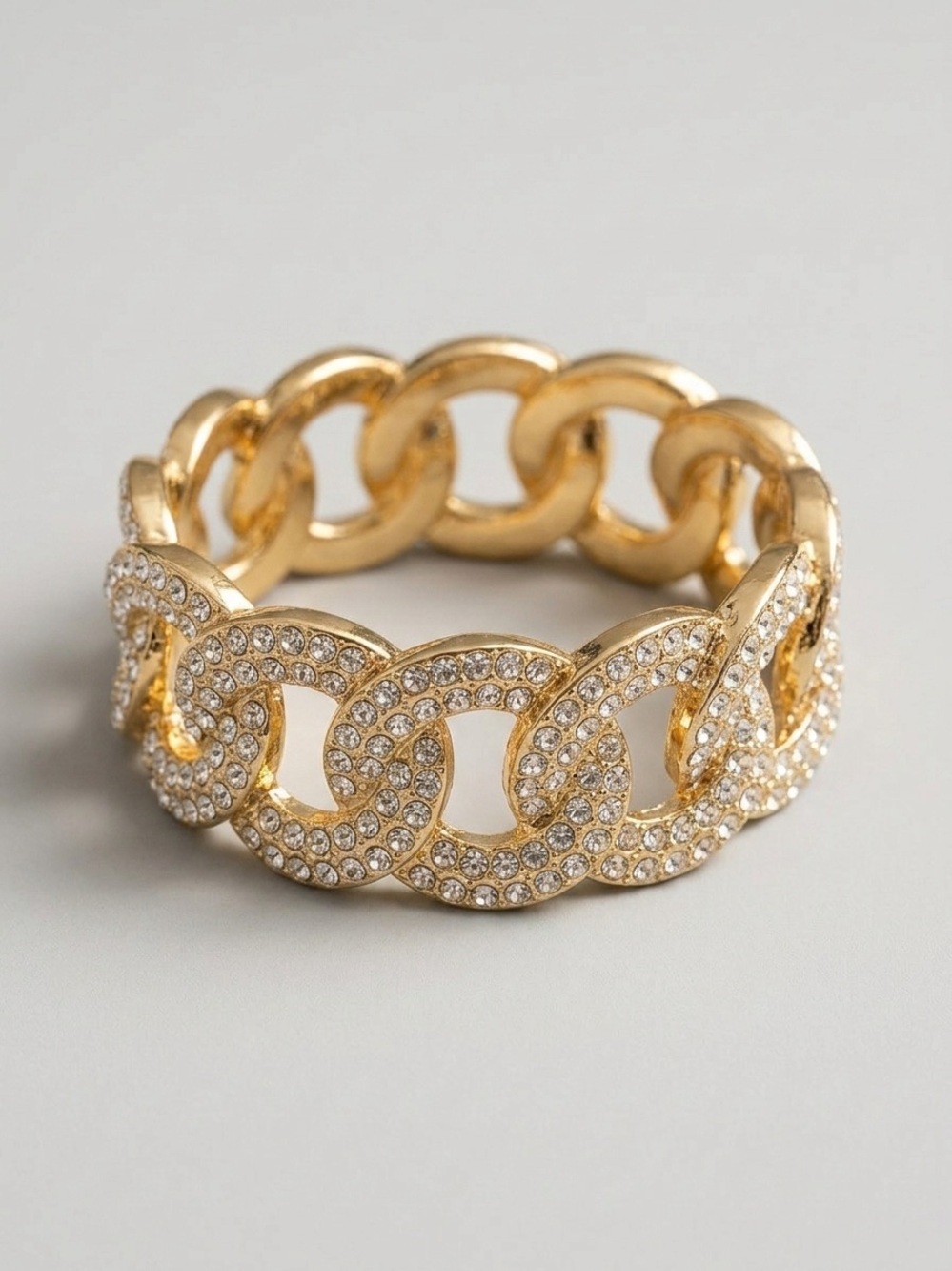 Gold-Tone Crystal Pave Chunky Stretch Chain Link Bracelet Excellent Condition